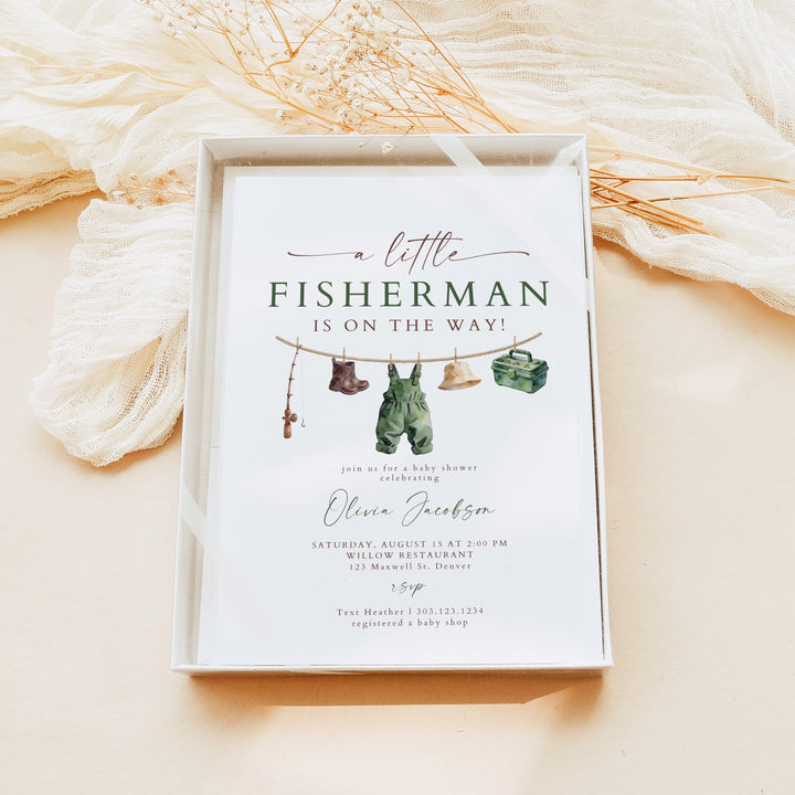 ZANDER Little Fisherman On the Way Clothesline Baby Shower Invitation