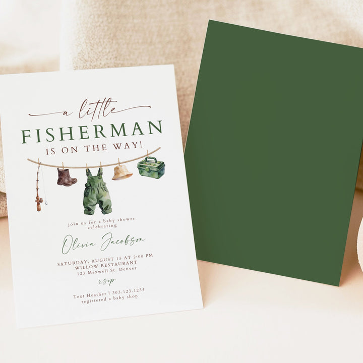 ZANDER Little Fisherman On the Way Clothesline Baby Shower Invitation