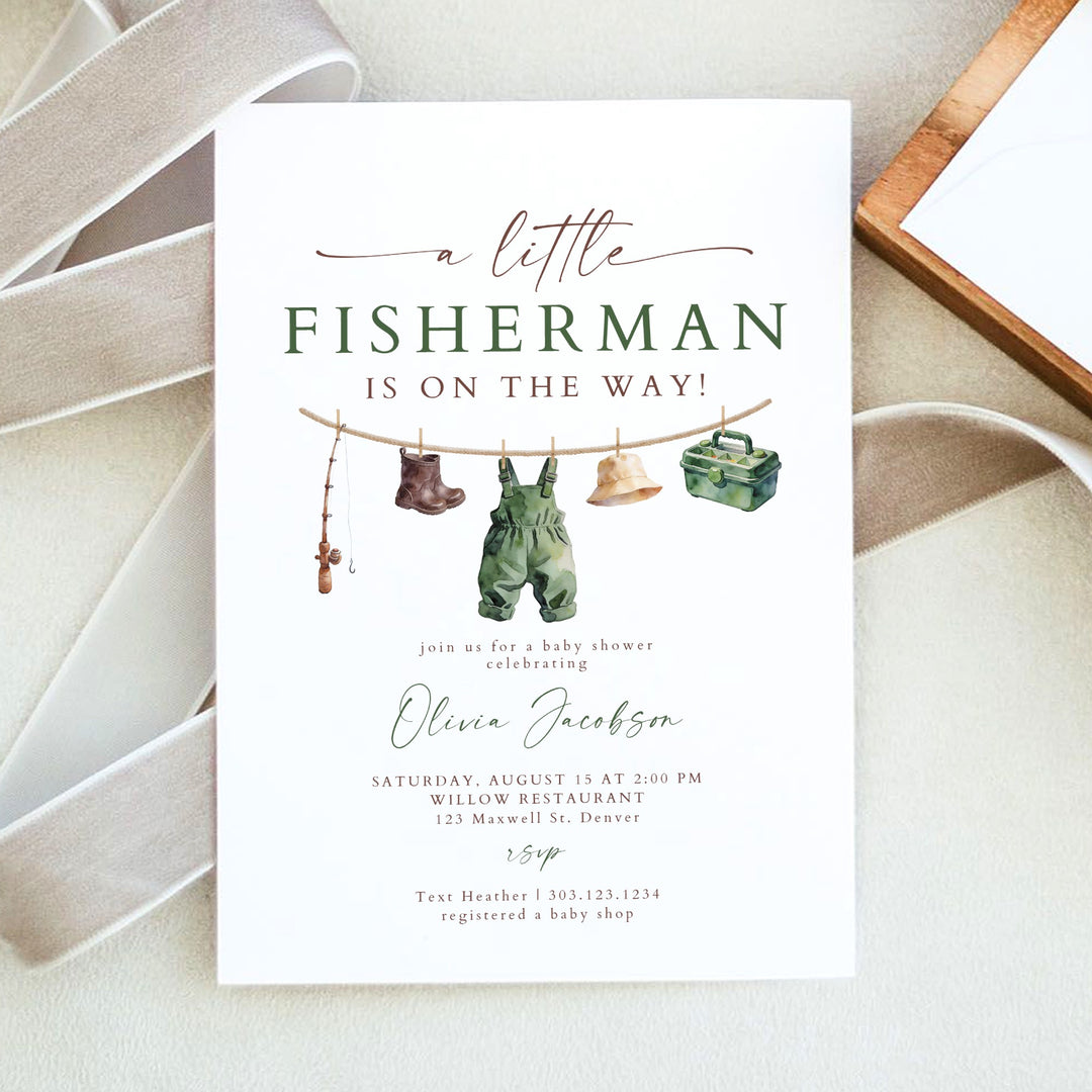 ZANDER Little Fisherman On the Way Clothesline Baby Shower Invitation